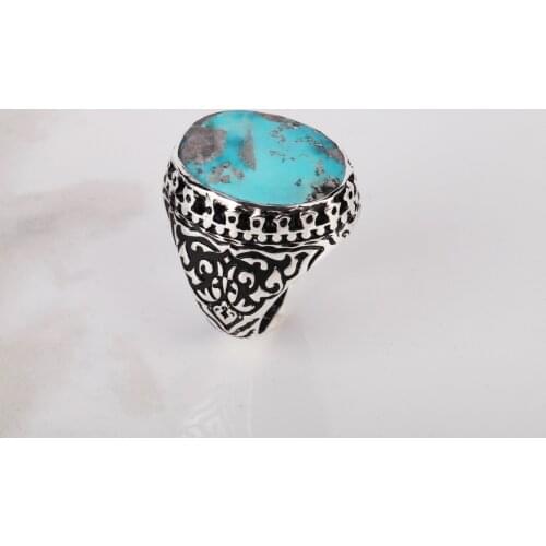 UM US JEWELRY Turquoise Natural Stone Hand Embroidered 925 Sterling Silver Men Ring