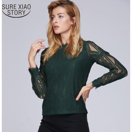 2021 Sexy Hollow Lace Top Female Shirt Fashion Woman Blouses Long Sleeve Lave Blouse Shirt Women Tops Solid Green C896 45