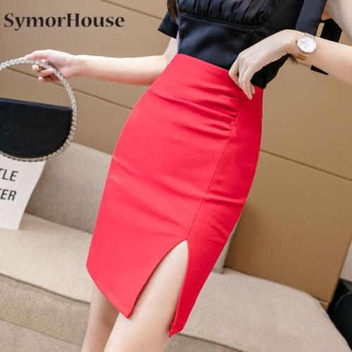 Plus Size Womens Skirt Summer 2021 Fashion Sexy High Waist Formal Work Office Black Red Slit Pencil Skirt Female Autumn