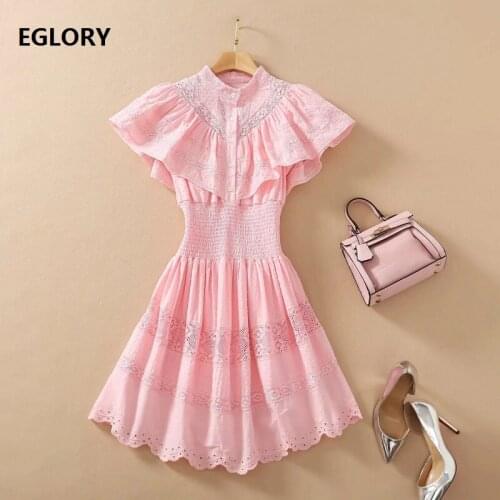 Sweet Pink Dress 2021 Spring Summer Runway Ladies Stand Neck Hollow Out Lace Embroidery Ruffle Sexy Casual Club Dress Above Knee