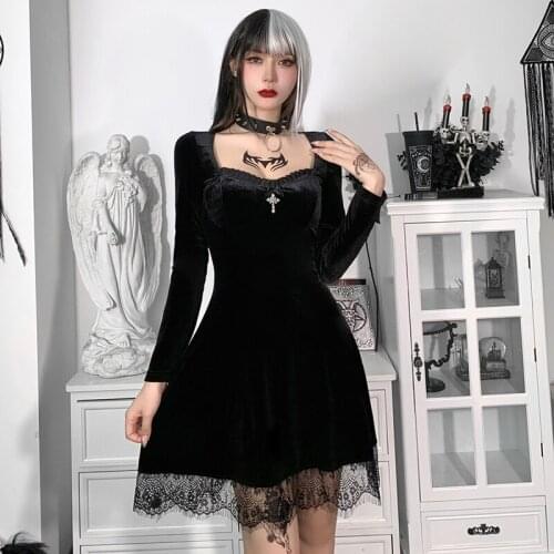 2021 Women Korea Clothing Vintage Halloween Lace Sexy Mini Dress Gothic Ladies Club Party Dresses V neck Long sleeve Black Velve
