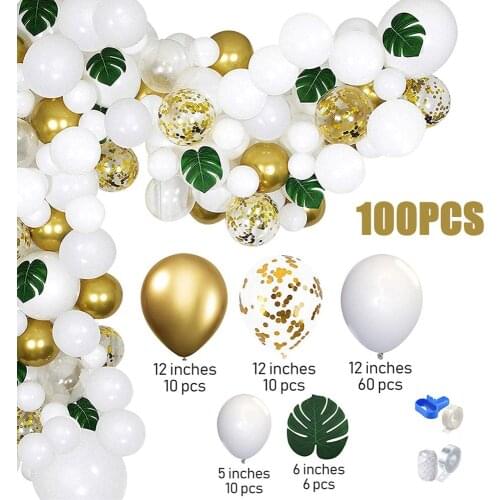 100pcs White Gold Balloons Confetti Set Ballons With Artificial Palm Leaves For Birthday Party Wedding Anniversary Decoration