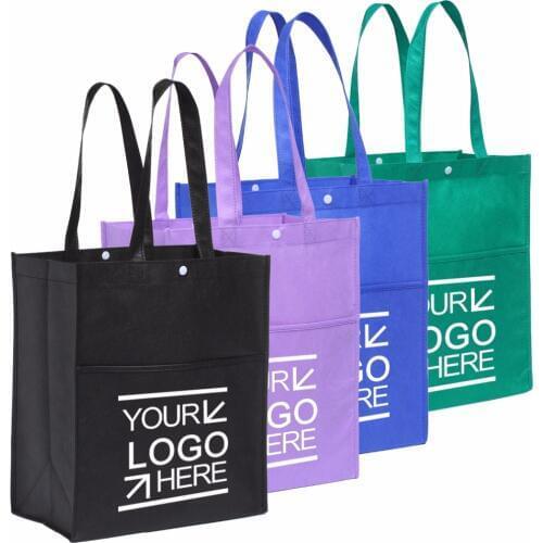 100PCS/Lot Custom Eco Shopping Bag Fabric Grocery Recyclable Hight Design Tote Handbag with Pocket Snap Wholesale