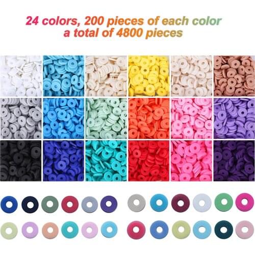 4800Pcs Premium Polymer Clay Beads 24 Bright Colors Flat Round Spacer Beads, Handmade Loose Spacer Ceramic Vinyl Disc Beads DIY