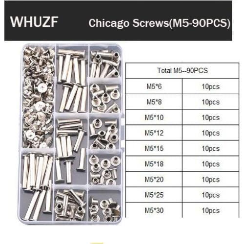 90pcs Nickel Plated M5 Chicago Screws Assortment Kits,Snap Rivet Books Butt Screw Kits,Photo Album Binding Screw Assort Kits