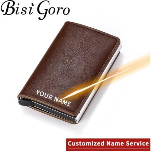 BISI GORO Laser Engraving Wallet 2020 New Aluminum Alloy Rfid Anti-Theft Pu Leather Mens Wallet Card Holder Bank Card Wallet