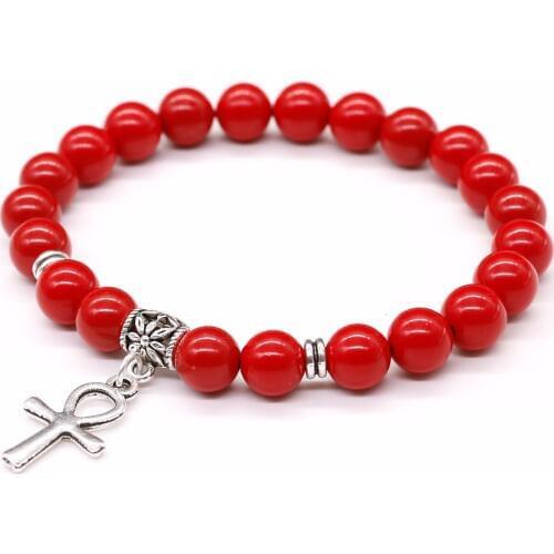 Red cinnabar Stone Beads Bracelet , Natural Stone White Tridacna Egyptian Ankh Cross Pendent Jewelry For Women and Men Bracelet