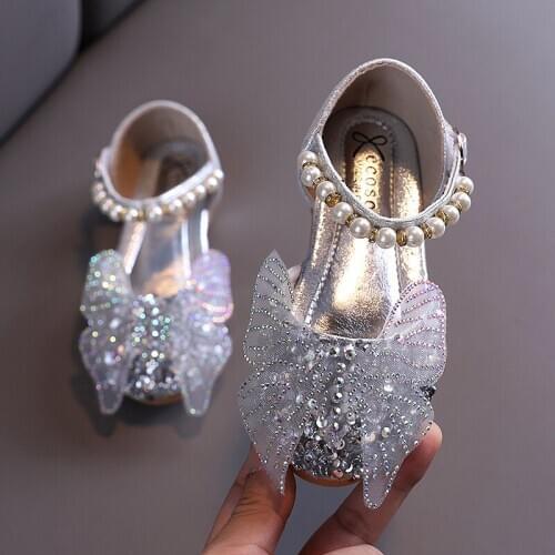 Kids Summer Sandals 2021 Sequins Pearl Bow Children Shoes Girls Princess Shoes New Fashion Flat Children Sandal E412