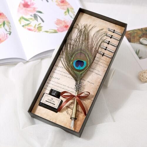 European Vintage Antique Feather Dip Pen Metal Nibbed Ink Writing Quill Pen Peacock Feathers for Birthday Gift Box Set