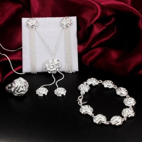 Fine 925 sterling Silver Rose flower ring necklace bracelet earrings for Women fashion Party wedding Christmas gifts Jewelry set