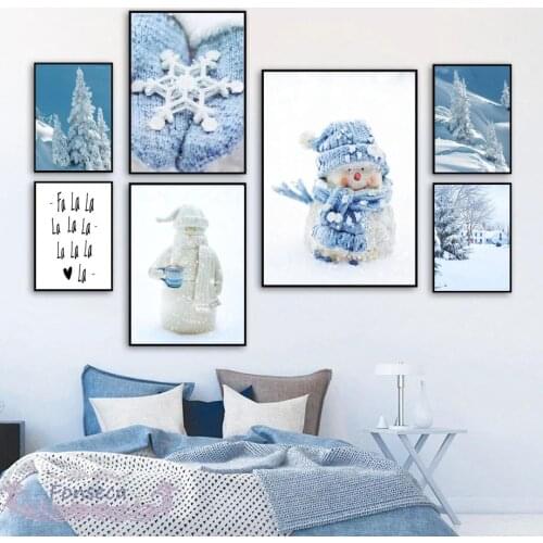 Snow Man Canvas Painting Winter Tree House Landscape Posters and Prints Wall Art Pictures Nordic Christmas Decoration