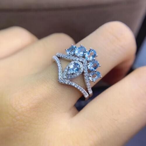 Luxurious crown Wheat tulip two wears Natural Aquamarine gem ring S925 silver natural gemstone ring women party gift jewelry