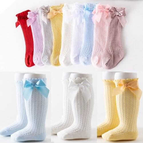 Summer Baby Girls Socks Toddler Kids Bow Cotton Thin Mesh Breathable Sock Newborn Knee High Infant Long Socks 0-3Years Old