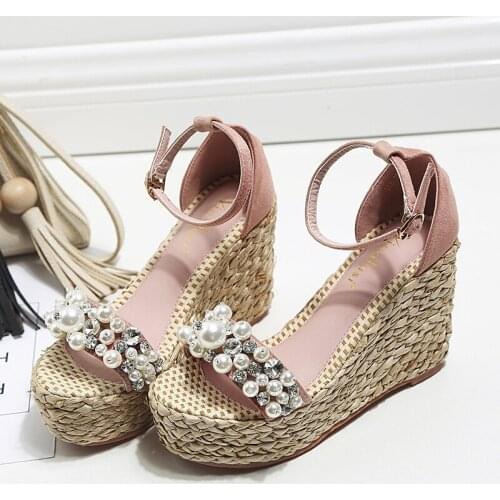 Summer Korean version of the new bandage pearl handmade rhinestone wedge shoes thick-soled platform high-heeled sandals