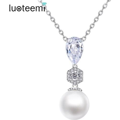 LUOTEEMI Clear Pearl-Shaped Cubic Zirconia Wedding Pendant Necklace for Women Brides with Simulated White Pearl Drops Necklace