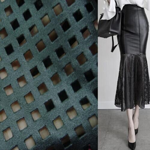 137cm*100cm Black Hollow Small Plaid Square Washed Artificial PU Leather Faux Leather Soft Bag DIY Clothes Dress Fabric Fabric