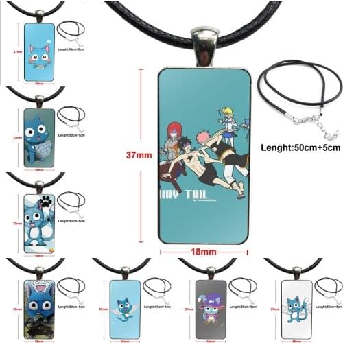 Cartoon Cute Fairy Tail Happy Glass Pendant Necklace Handmade Half Pendant Rectangle Necklace For Unisex Gift