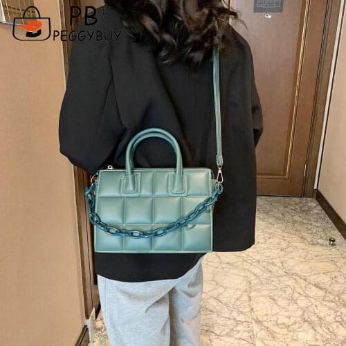 New Casual Pure Color Handbag Purse Vintage Women Checker Chain Messenger Bag Solid Color PU Leather Flap Handbags