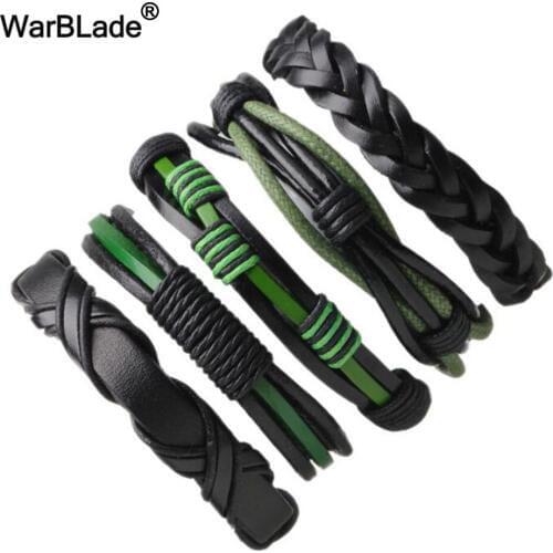 WarBLade 2018 New 3-6PCs/set Genuine Leather Wrap Bracelet Set For Men Punk Vintage Braided Bracelets & Bangles Women Jewelry