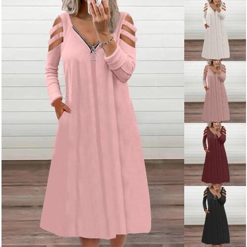 2021 Autumn and Winter New Fashion Casual Womens Sexy V-Neck Zipper Solid Color Long Sleeved Off-Shoulder Ladies Dress