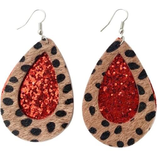 New Stock! Leopard Printed Gold Glitter Layered Teardrop Leather Earrings Hollow Double Water Drop Layer Earrings Holiday Gifts