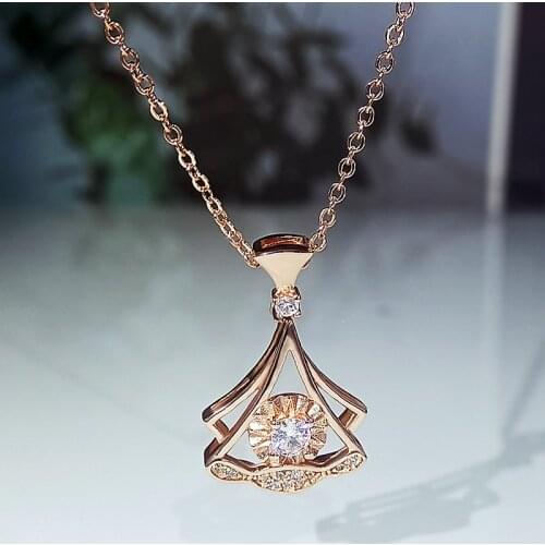 14K Rose Gold Fan Shaped Zircon Pendant Clavicle Chain Silver Birthday Party Necklace For Women Daily Wear Christmas Gifts