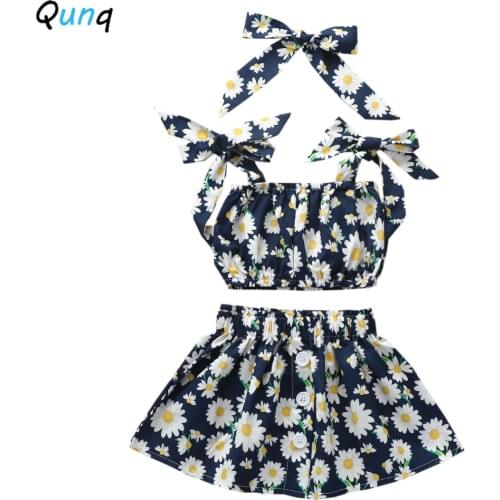 Qunq Baby Toddler Girls Flower Clothing Set with Headband 2021 New Summer Kids Skirt Suits 1 2 3 4 5 Year Children Costume