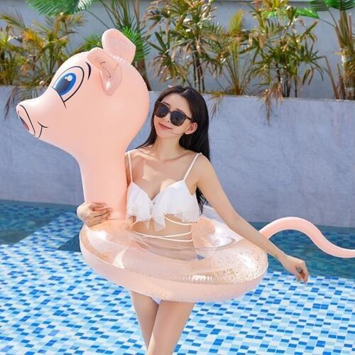 Pink Inflatable Pool Float Swimming Ring Kids Pool float Toys Girls Cartoon Pig Swim Ring with Golden Sequins Inside