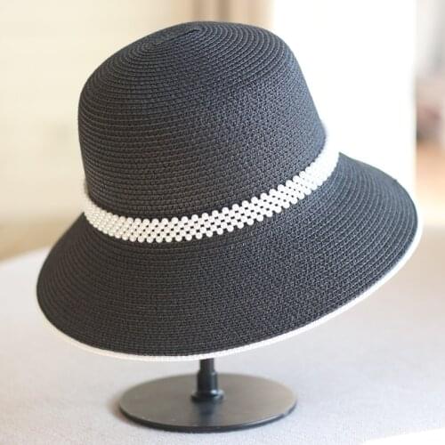 Korea Style Women Sunscreen Dome Straw Woven Hats Summer/Spring Fashion Foldable Sun Hats with Pearl Decor Casual Bucket Hats