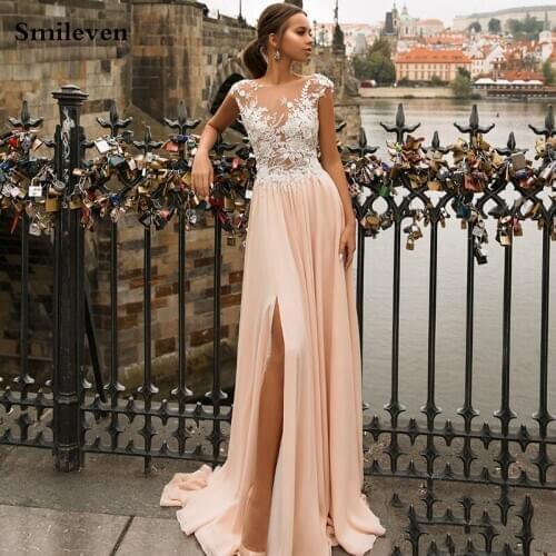 Smileven Champagne Wedding Dress 2019 Chiffon Lace Side Split Bridal Dresses Robe De Mariee With Buttons Back Boho Wedding Gowns