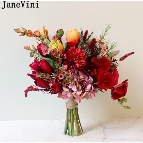 JaneVini Vintage Red Tulip Orchid Wedding Bouquet for Bride Nep Rozen Bruid Artificial Flowers Bridal Bouquet Mariée Rouge 2021