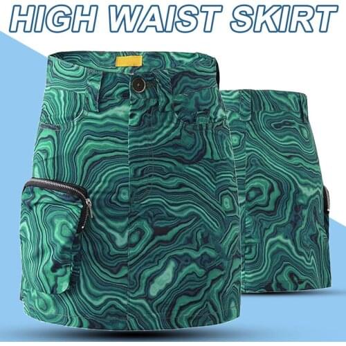 Summer Womens Mini Skirt Dark Green Water Ripple Printing Zipper Pocket Casual Fashion All-match Skirt TT@88