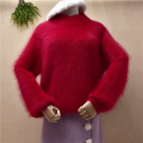 Female clothes women hairy plush red mink cashmere knitted winter thick warm loose pullover angora fur jumper sweater pull tops