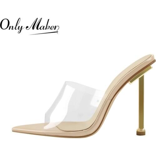 Onlymaker 2021 Summer Women Slip-On Pointed Toe Sandals Metal Stiletto High Heel Patent Leather PVC Fashion