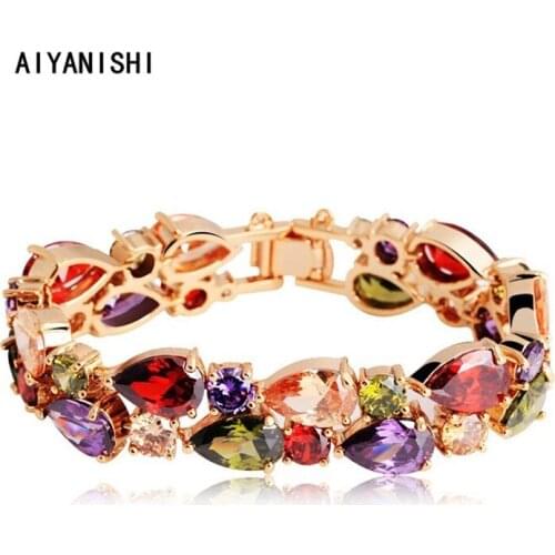 AIYANISHI 18K Gold Filled 16mm Tennis Bracelet Colorful Pear Bracelets For Women Men Tennis Bracelet Chain Homme Jewelry Gifts