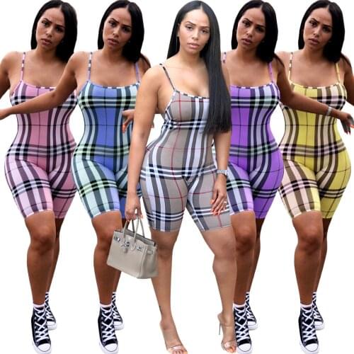 Fashion Jumpsuit for Women 2020 Summer Spaghetti Straps Plaid Print Skinny Playsuit Overalls Short Rompers Women Jumpsuit