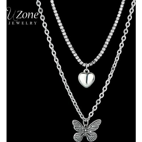 Uzone Romantic Stainless Steel Butterfly Love Heart Pendant Necklace Double-layer Cubic Zirconia Chain Necklace For Women Gift