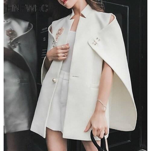 Pearl Buttons White Blazer Coat Womens Cape Fashion Cloak Spring New V853
