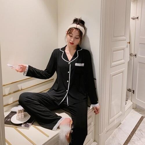 Fdfklak 2 Piece Set Modal Homewear For Women Solid Color Loose Pajamas 2021 New Long Sleeve Home Clothes Black Lounge Wear