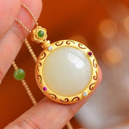 New Auspicious Vintage Pattern Hetian Jade round Plate Pendant Ancient S925 Sterling Silver Gilding Jasper Necklace Female