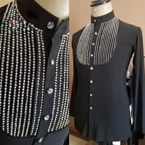 Latin Dance Competition Tops For Men Performance Dress Rhinestone Tops Waltz/Tango/Ballroom Dance Shirts Long Sleeved VDB1084