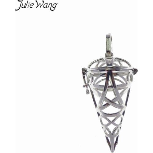 Julie Wang 1PC Bright Silver Color Coning Icecream Openable Cage Locket Copper Pendant Charm High Quality Long Necklace Jewelry