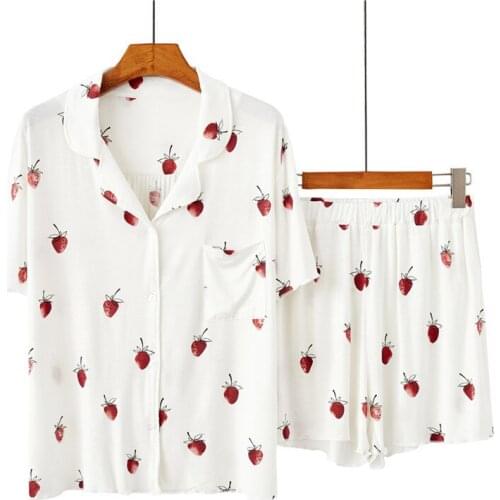 Strawberry Print Sweet Pajamas Women New Modal Sleepwear Set Short Sleeve Summer Pijamas Female Loose Nightwear Home Suit