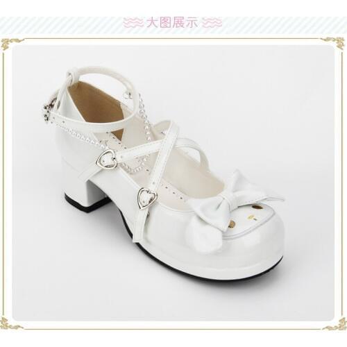 Princess sweet lolita shoes new PU material shallow round head animal pattern thick with bow buckle strap high heel shoes pu8611