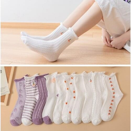 Korean Style Cute Women Frilly Socks Lolita Strawberry Japanese Pattern Crew Socks Kawaii Women Sweet Cotton Harajuku Cow Socks