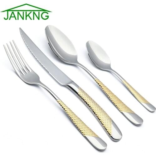 4Pcs Silver Glod Dinnerware Set 18/10 Stainless Steel Silverware Set Kitchen Knives Forks Spoons Cutlery Set Dishwasher Safe
