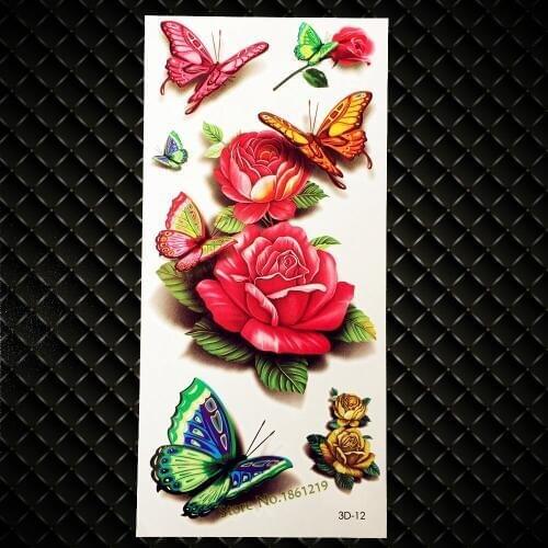 New Removable Simulation Vivid Body Art 3D Tattoo Butterfly Peony Rose Design Waterproof Temporary Tattoo Sticker Shoulder Decal