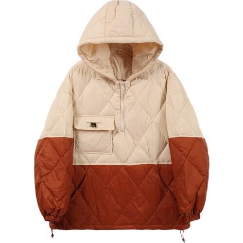2021 new style down jacket fashion light thin pullover sweater style white duck down short loose winter hooded stitching jacket