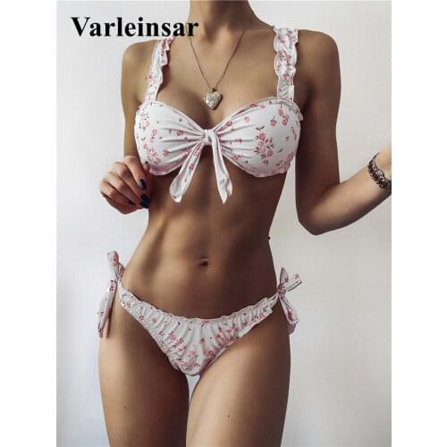 New Sexy Pink Flower Knotted Bikini Female Swimsuit Women Swimwear Two-pieces Bikini set Bather Bathing Suit Swim Lady V2684