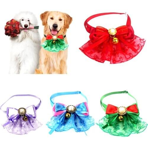 Cute Pet Dog Puppy Cat Lace Bell Bow Fake Pearl Adjustable Collar Neck Strap Necklace Decoration